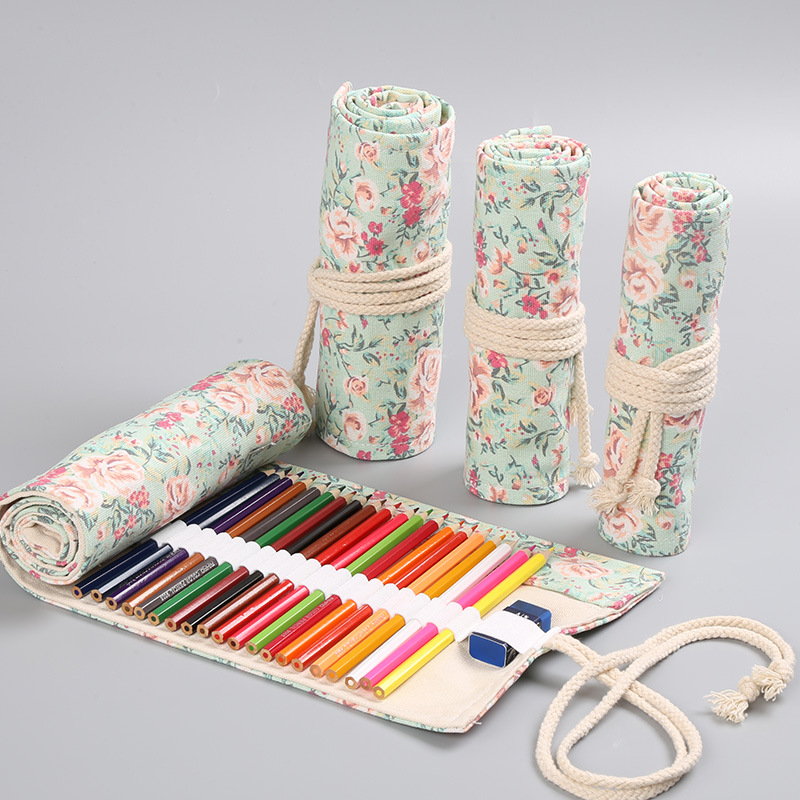 Pen Pouch Roll - 12/24/36/48/72 穴花柄キャンバスロールアップ鉛筆ケース学生用品ブラシペンバッグかわいい鉛筆ケース文房具