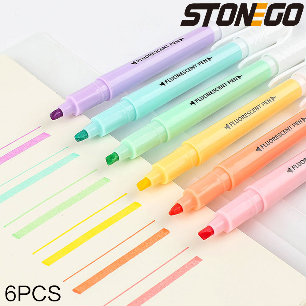 Highlighter Set Pastel - Stonego-カラフルなデュアルチップ蛍光ペンセット、蛍光マーカー、点滅ペンペン、太いペン、スクラッチアクセントマーカー、6個
