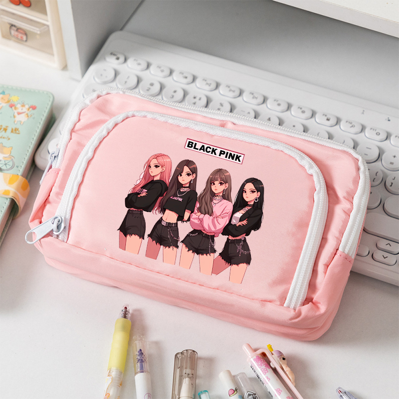 Stationery Supplier - ブラックピンク大容量キャンバス鉛筆ケース学生用 Kpop BP 漫画プリントペンバッグファッション文具収納ポーチギフト