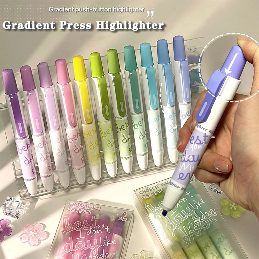 4本セット 新グラデーションカラー蛍光ペン プレス式チゼルチ - Highlighter Set Pastel のレビューと価格