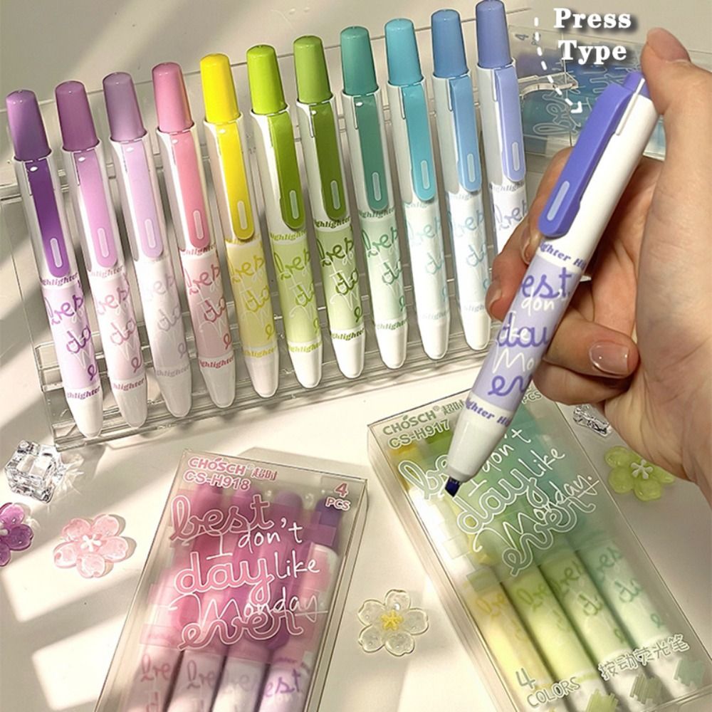 4本セット 新グラデーションカラー蛍光ペン プレス式チゼルチ - Highlighter Set Pastel のレビューと価格