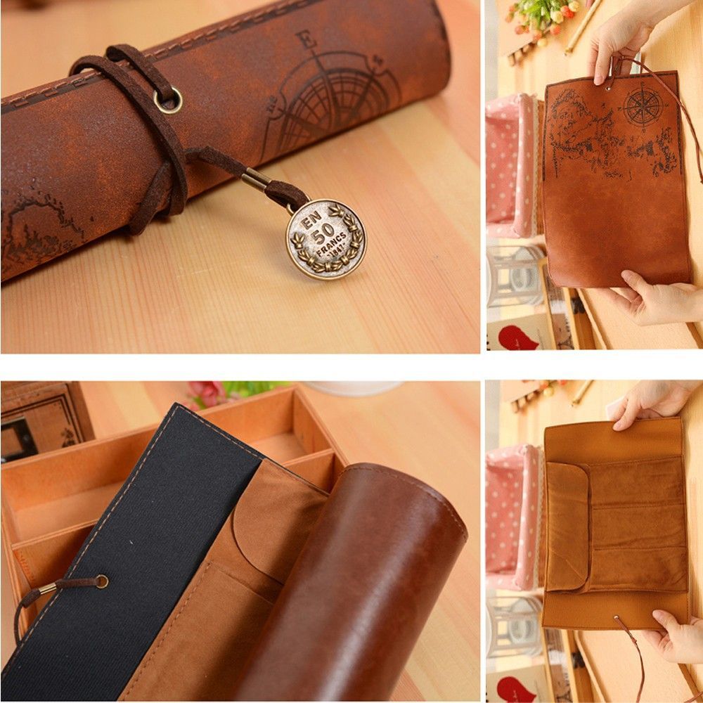 ユニークなレトロ高級宝物地図ロールケースバッグ財布ポーチレザ - Pen Pouch Roll のレビューと価格